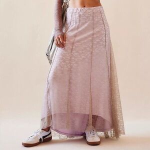 Free People Shape of You Pink Lace Pull-On Hi-Low Boho Romantic Maxi Skirt Large